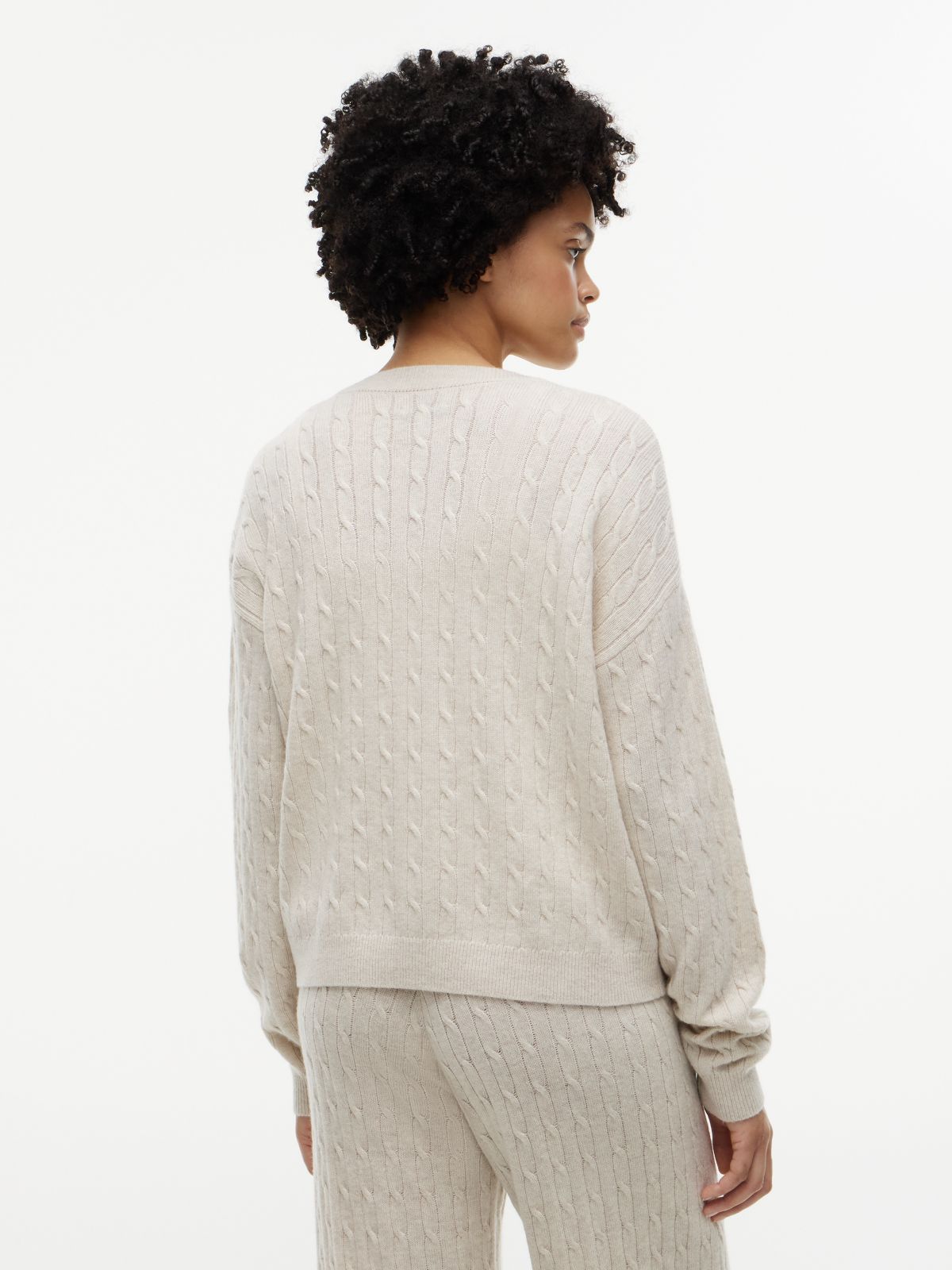 Wool Blend Cable Knit Relaxed Lounge Cardigan — Beige