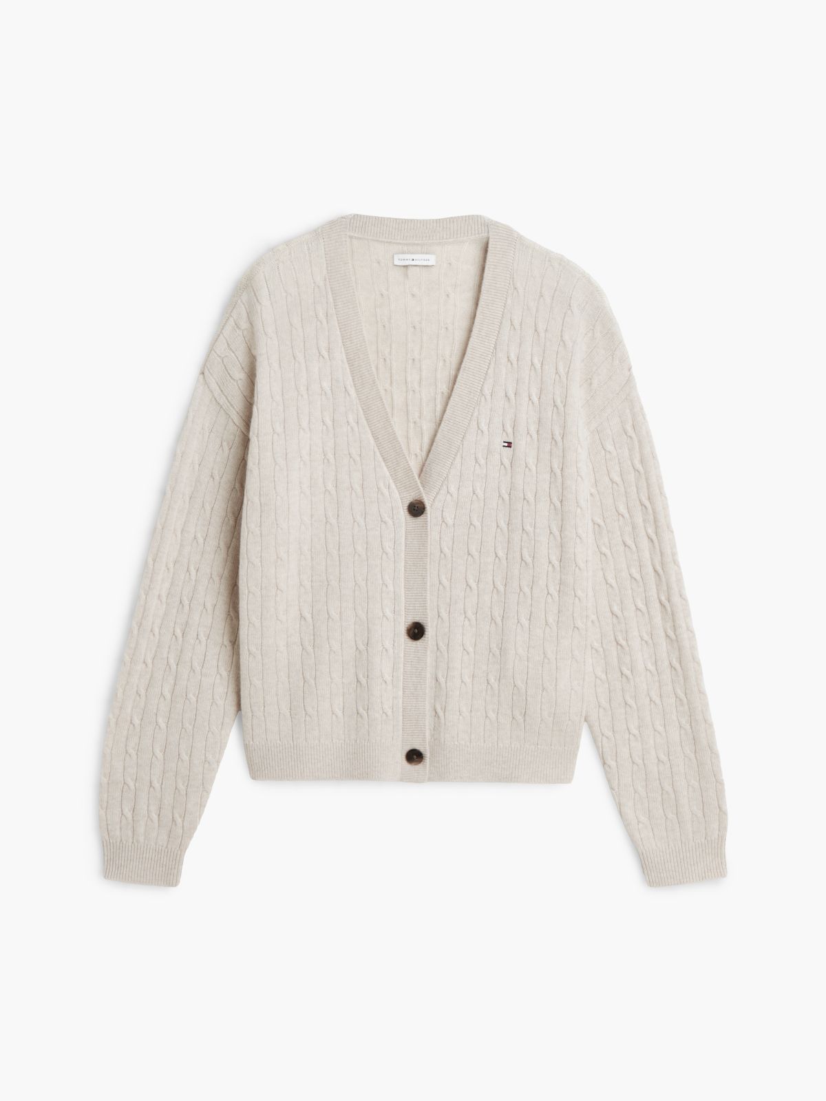 Wool Blend Cable Knit Relaxed Lounge Cardigan — Beige