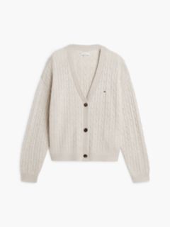 Wool Blend Cable Knit Relaxed Lounge Cardigan — Beige 5