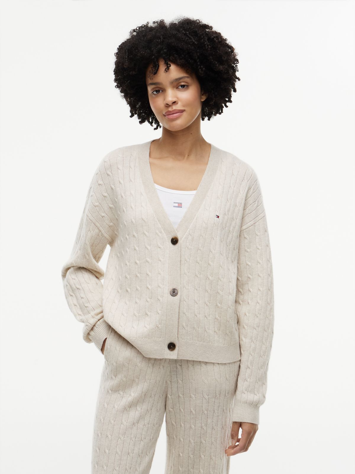 Wool Blend Cable Knit Relaxed Lounge Cardigan — Beige