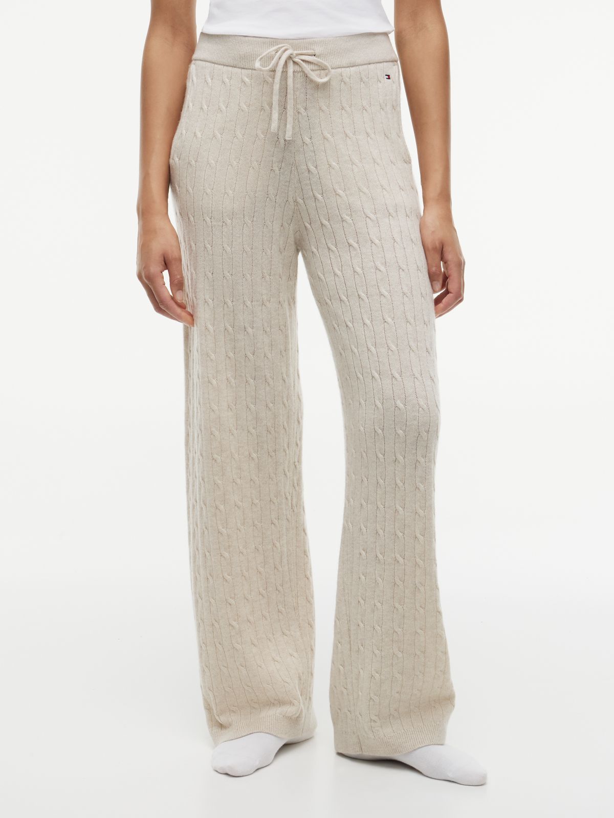 Cable Knit Wide Leg Lounge Trousers — Beige