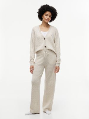 beige cable knit wide leg lounge trousers for women tommy hilfiger