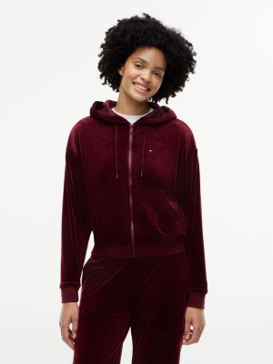 purple essential relaxed fit lounge-kapuzenjacke aus velours für damen - tommy hilfiger