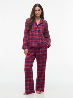 red essential check flannel pyjama set for women tommy hilfiger