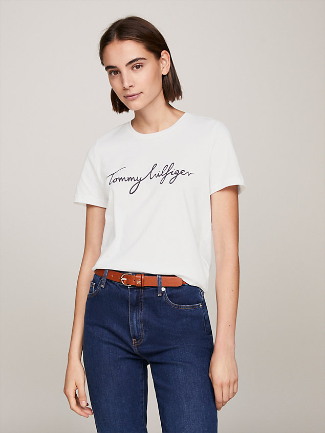white heritage crew neck logo t-shirt for women tommy hilfiger
