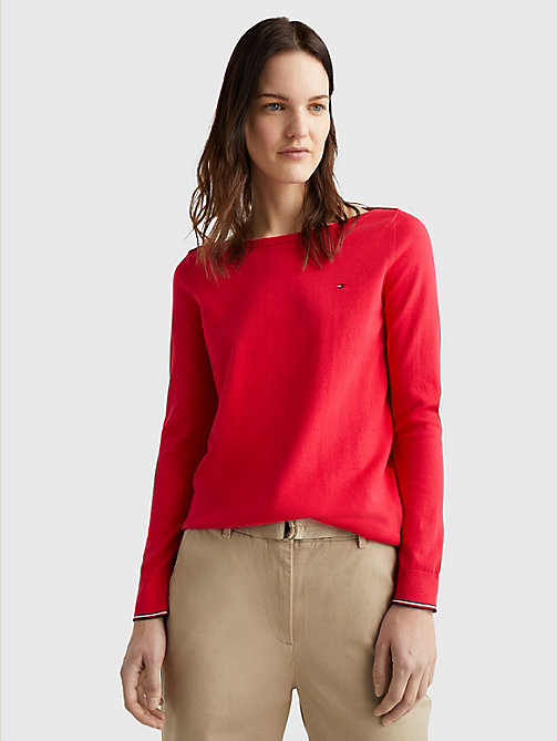 czerwony bawełniany sweter z dekoltem w łódkę dla kobiety - tommy hilfiger