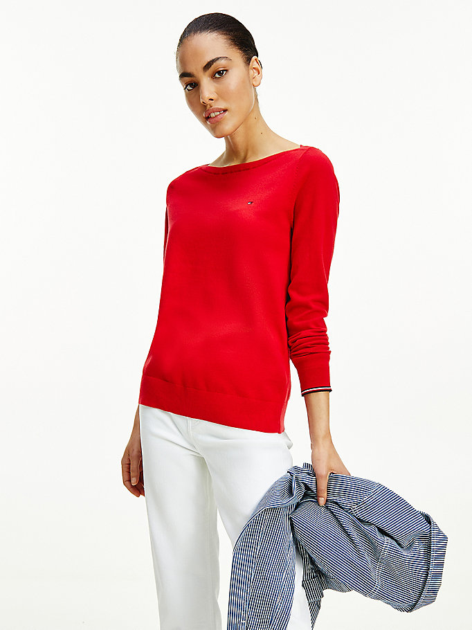 rot bio-baumwoll-pullover mit u-boot-ausschnitt für women - tommy hilfiger