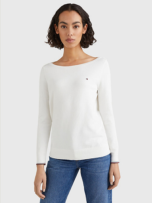 white boat neck organic cotton jumper for women tommy hilfiger