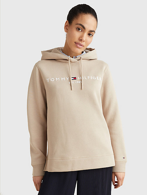 beige hoodie mit tunnelzug und aufgesticktem logo für damen - tommy hilfiger
