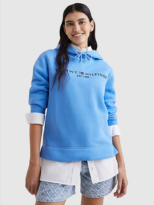 blauw regular fit hoodie met logo en trekkoord voor dames - tommy hilfiger