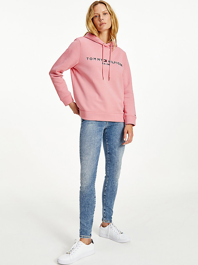 pink logo drawstring regular fit hoody for women tommy hilfiger