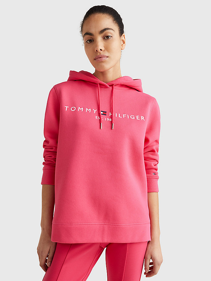 roze hoodie met geborduurd logo en trekkoord voor dames - tommy hilfiger