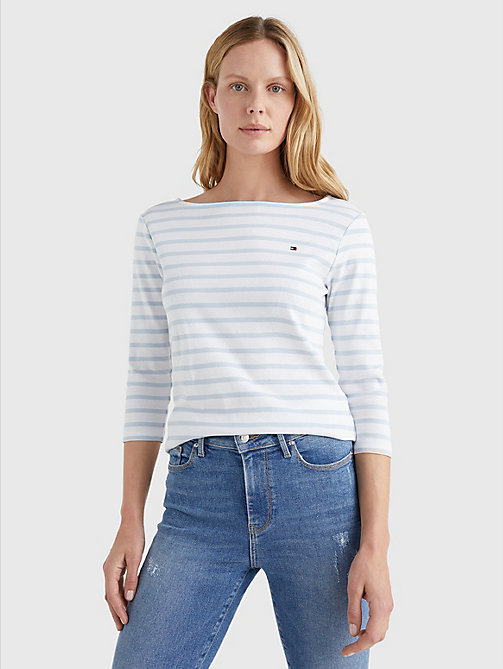 white boat neck three-quarter sleeve t-shirt for women tommy hilfiger
