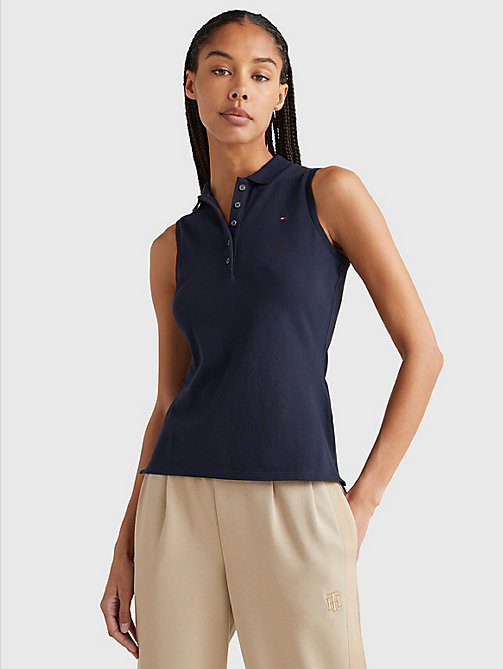 blue sleeveless stretch cotton slim fit polo for women tommy hilfiger