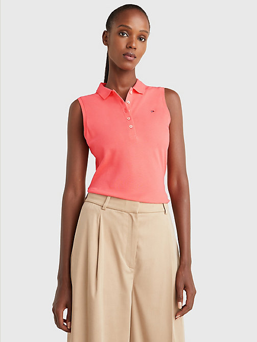 pink sleeveless stretch cotton slim fit polo for women tommy hilfiger