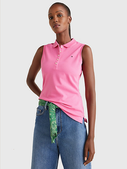 pink sleeveless stretch cotton slim fit polo for women tommy hilfiger