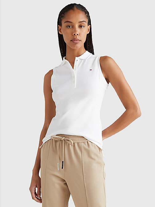 white sleeveless stretch cotton slim fit polo for women tommy hilfiger