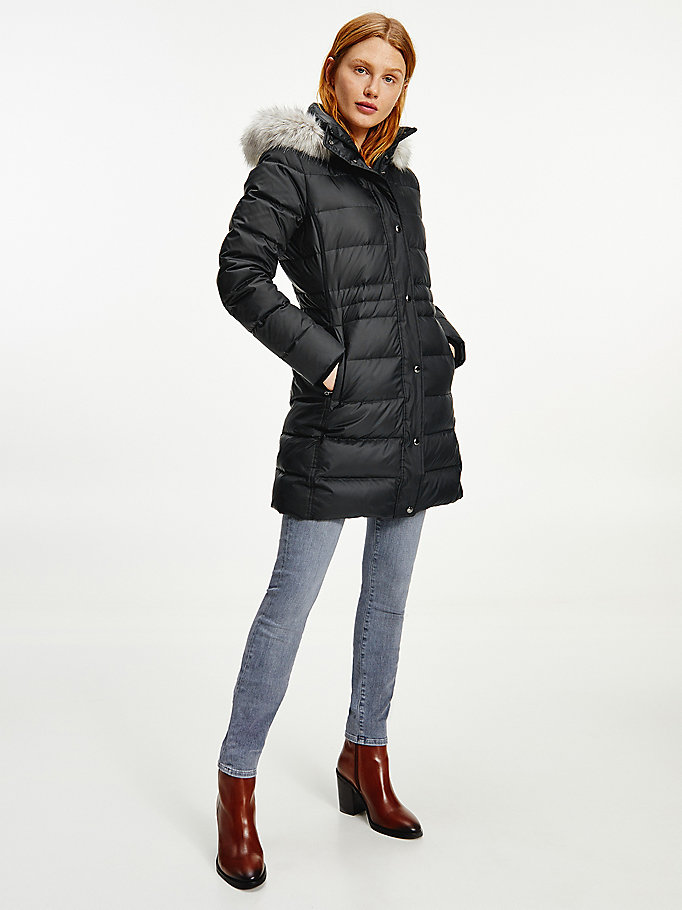 black essential down-filled faux fur trim coat for women tommy hilfiger