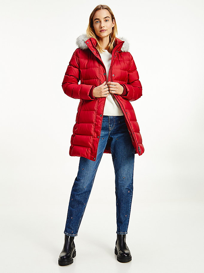 red essential down-filled faux fur trim coat for women tommy hilfiger
