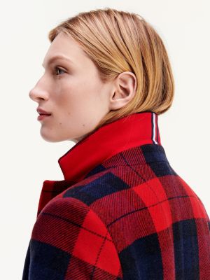 tommy hilfiger red & black wool blend plaid coat