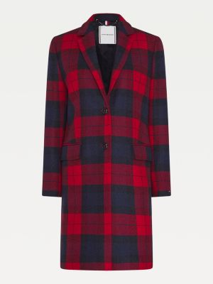 tommy hilfiger red & black wool blend plaid coat