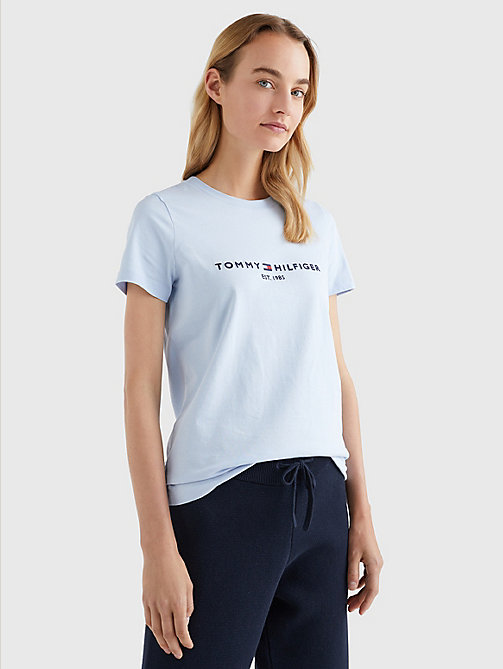 t-shirt à imprimé logo en coton bio bleu pour femmes tommy hilfiger