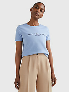 blue logo print organic cotton crew-neck t-shirt for women tommy hilfiger