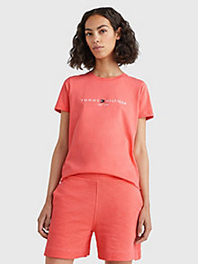 pink logo print organic cotton crew-neck t-shirt for women tommy hilfiger