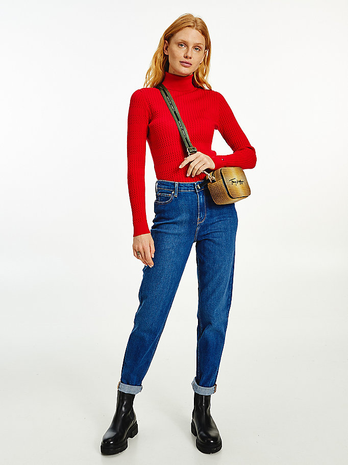 red essential cable knit slim fit jumper for women tommy hilfiger