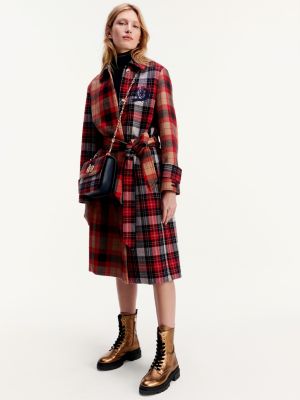 tommy hilfiger red & black wool blend plaid coat