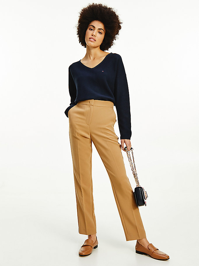 brown slim fit viscose trousers for women tommy hilfiger