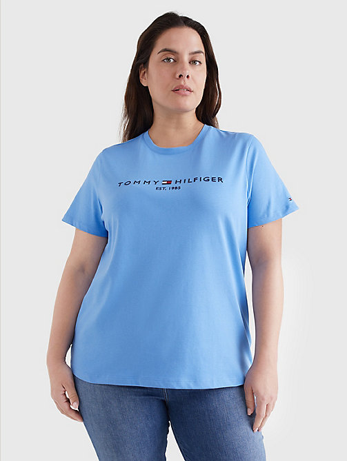 t-shirt curve en coton bio à logo bleu pour femmes tommy hilfiger