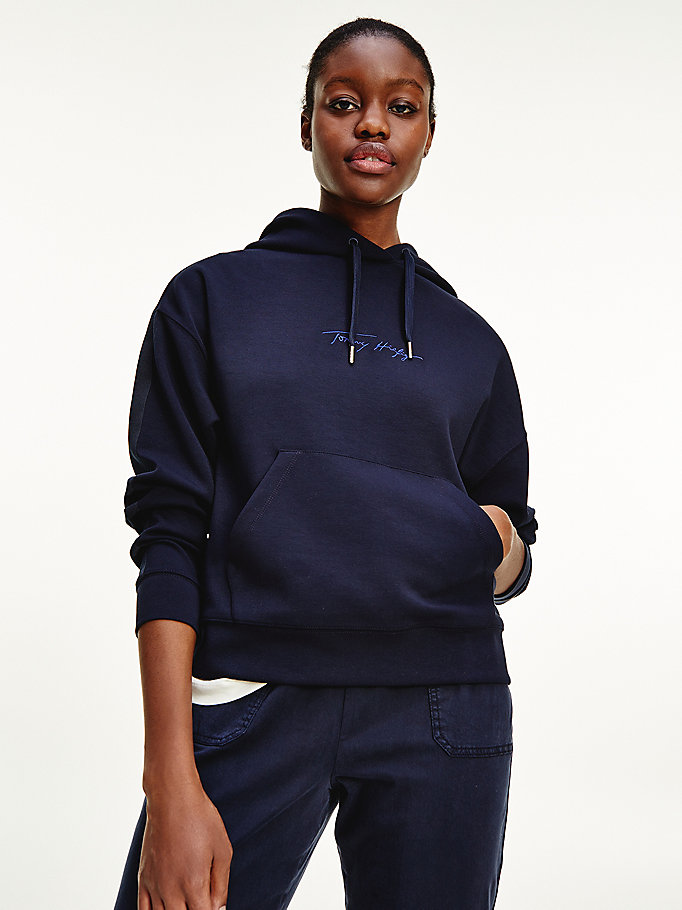 blue signature logo relaxed fit hoody for women tommy hilfiger