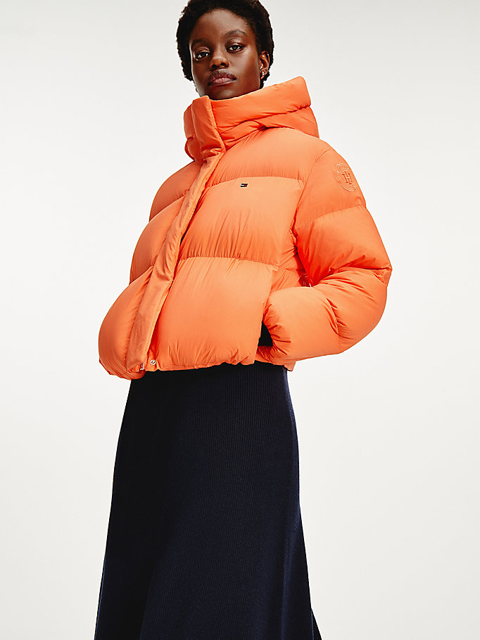 orange down puffer jacket for women tommy hilfiger