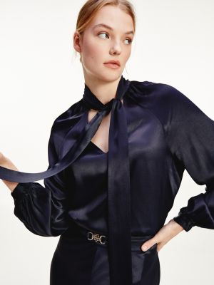 satin blouse with bow tie