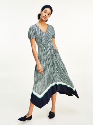 Geo Print V-Neck Midi Dress | GREEN 