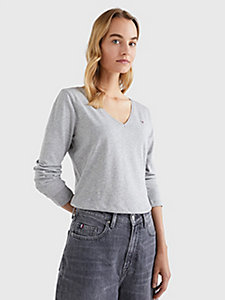 grey v-neck long sleeve t-shirt for women tommy hilfiger