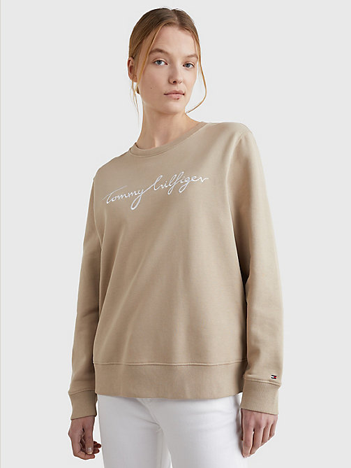 beige graphic crew neck sweatshirt for women tommy hilfiger