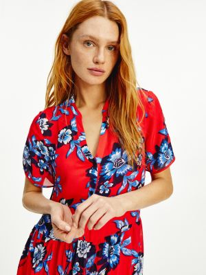 Viskose Chiffon Kleid Mit Blumen Print Rot Tommy Hilfiger 