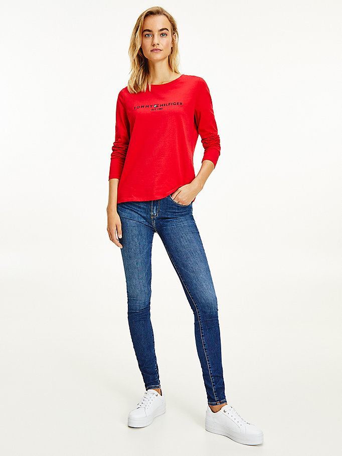 red organic cotton long sleeve t-shirt for women tommy hilfiger