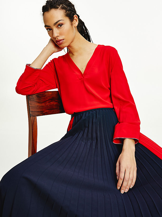 red viscose v-neck blouse for women tommy hilfiger