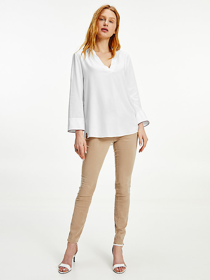 white viscose v-neck blouse for women tommy hilfiger