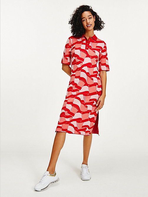 rood tommy icons midi-jurk met polokraag voor women - tommy hilfiger