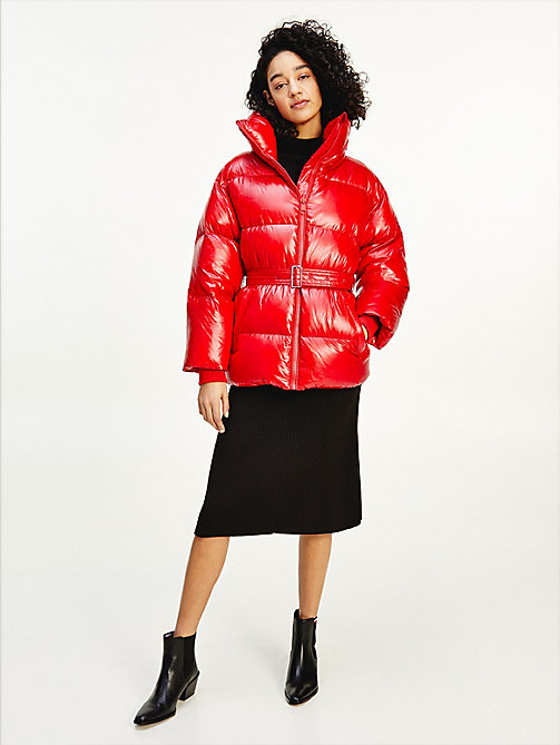 red padded down belted jacket for women tommy hilfiger