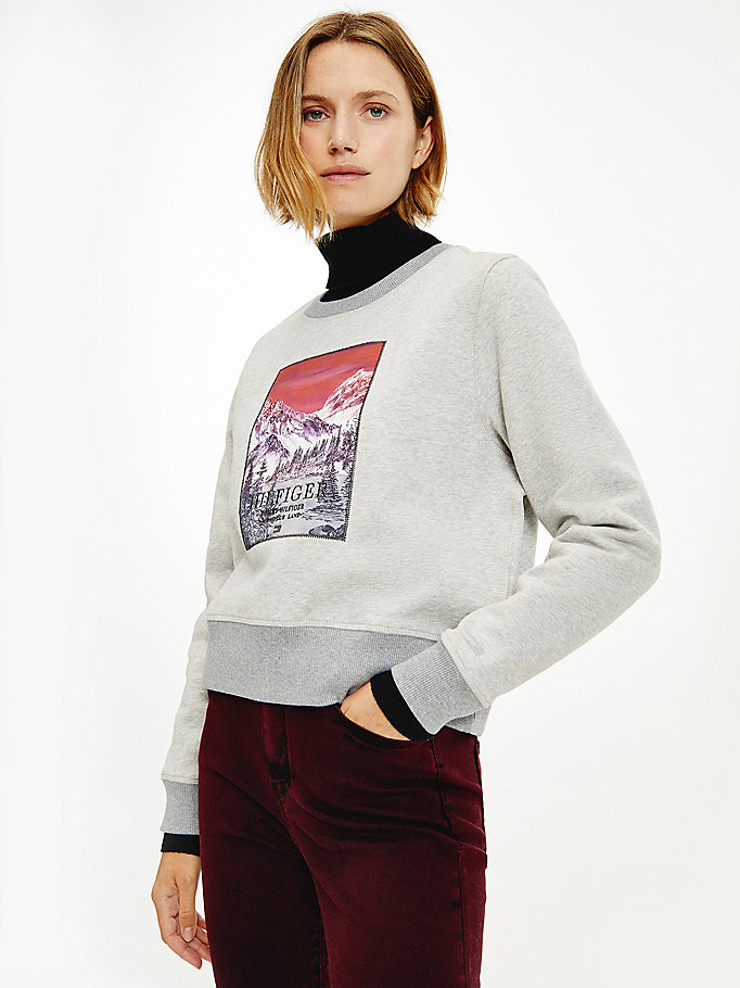 grau tommy icons sweatshirt mit landschafts-print für damen - tommy hilfiger