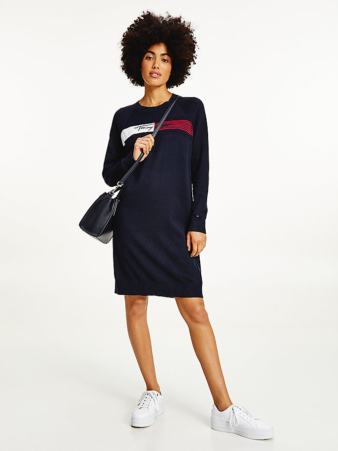 blue signature logo embroidery knit dress for women tommy hilfiger