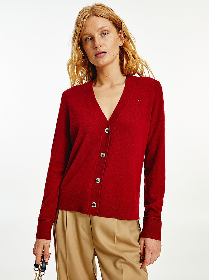 red wool cashmere v-neck cardigan for women tommy hilfiger