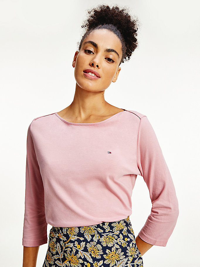pink three-quarter sleeve slim fit t-shirt for women tommy hilfiger