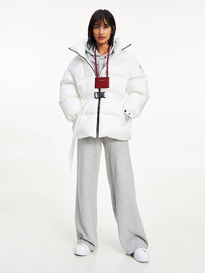 white belted down padded jacket for women tommy hilfiger
