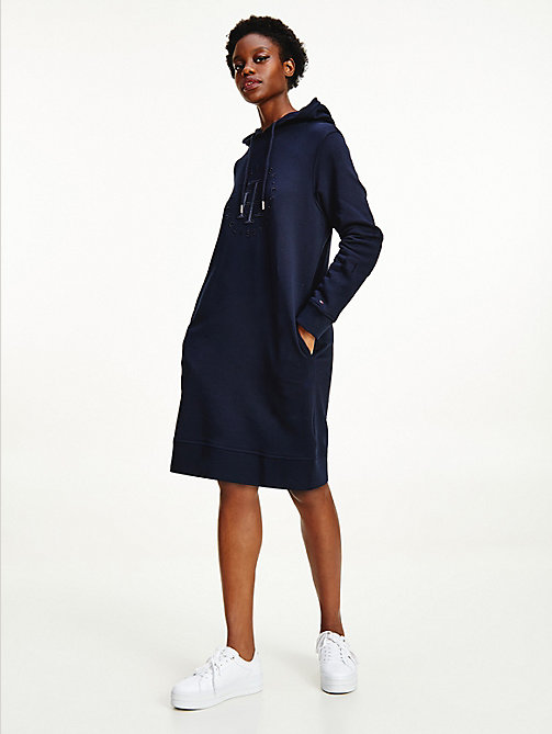 blue monogram embroidery hooded jumper dress for women tommy hilfiger
